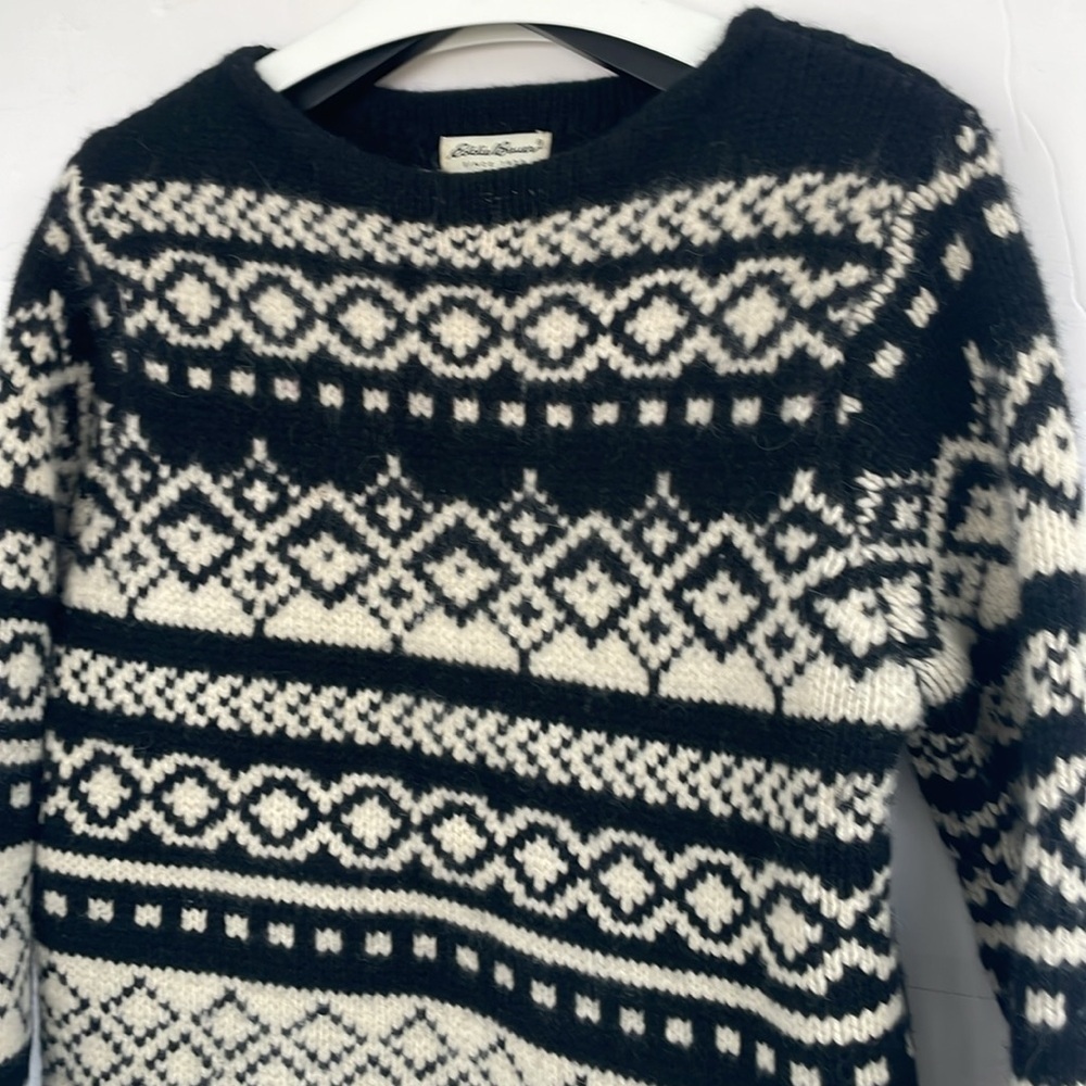 Eddie Bauer Womens Chunky Knit Black Cream Lambswool Angora Blend Sweater Medium - Picture 4 of 17